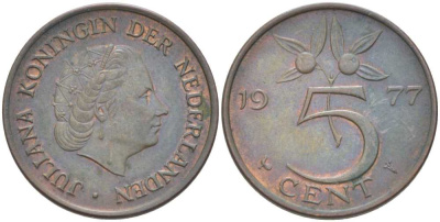 Нидерланды 5 центов 1977 Юлиана (1948-1980) KM 181 бронза 213-1143