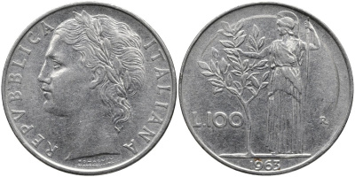 Италия 100 лир 1963 R, Афина в доспехах KM 96.1 нержавеющая сталь 4165-211