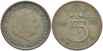 НИДЕРЛАНДЫ 5 ЦЕНТОВ 1970 ЮЛИАНА (1948-1980) KM 181 бронза 213-1056