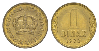 Югославия 1 динар 1938 KM 19 алюминиевая бронза UNC 4181-141