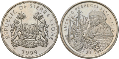 Сьерра-Леоне 1 доллар 1999 Америго Веспуччи KM 112 медно-никель BU 4368-1015