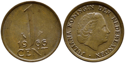 НИДЕРЛАНДЫ 1 ЦЕНТ 1966 ЮЛИАНА KM 180 бронза 4392-1363