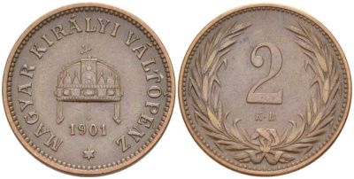 Венгрия 2 филлера 1901 KB, Франц Иосиф I (1848-1916) KM 481 бронза 201-225