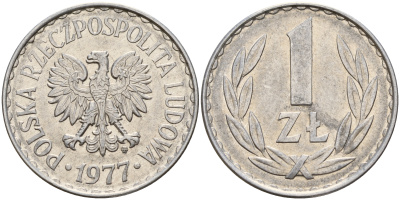 Польша 1 злотый 1977 MW KM 49.1 алюминий    4161-1026