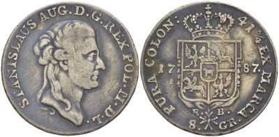 Польша 8 грошей (2 злотых) 1787 EB, Станислав II Август Понятовский (1764-1794), вес 9,25 г KM 209.1 (C54), Kopinski 412.1 серебро 00-809-85