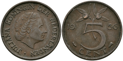 НИДЕРЛАНДЫ 5 ЦЕНТОВ 1956 ЮЛИАНА KM 181 бронза 95-324