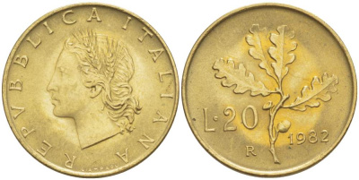ИТАЛИЯ 20 ЛИР 1982 R, ДУБОВЫЕ ЛИСТЬЯ KM 97.2 алюминиевая бронза 4511-825