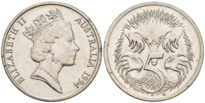 Австралия 5 центов 1994 Елизавета II (1952-), ехидна KM 80 медно-никель 4516-711
