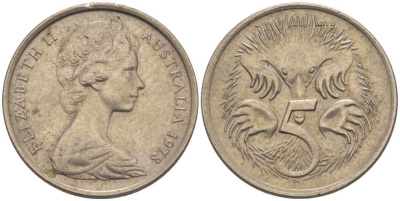 АВСТРАЛИЯ 5 ЦЕНТОВ 1978 ЕЛИЗАВЕТА II, МОЛОДОЙ ПОРТРЕТ, ЕХИДНА KM 64 медно-никель 100-1232