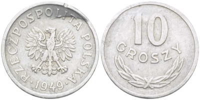 ПОЛЬША 10 ГРОШЕЙ 1949 KM 42a алюминий 211-648
