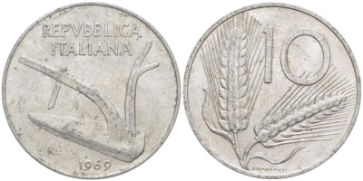 ИТАЛИЯ 10 ЛИР 1969 R, КОЛОСЬЯ, ПЛУГ KM 93 алюминий 4513-645