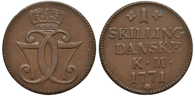 Дания 1 скиллинг 1771 Кристиан VII (1766-1808) KM 617 медь 443-1135