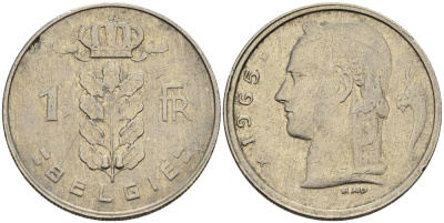 БЕЛЬГИЯ 1 ФРАНК 1965 BELGIE KM 143.1 медно-никель 4546-356