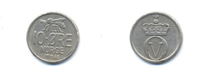 Норвегия 10 эре 1968 пчела, Улаф V (1958-1991) KM 411 медно-никель 4379-953