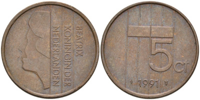 Нидерланды 5 центов 1991 Беатрикс (1980-2013) KM 202 бронза 4573-425
