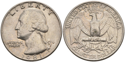 США 25 центов = квотер 1981 P, Вашингтон KM A164a медь плакированная медно-никелем 4584-1131