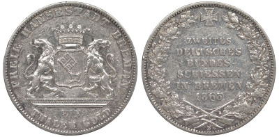 Бремен 1 талер 1865 стрелковый фестиваль KM 248, Jaeger 27, Thun 126, AKS 16, Kahnt. 163, Davenport 628 серебро 00-806-12