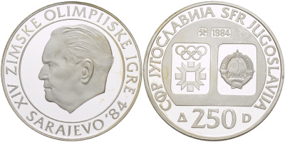 Югославия 250 динаров 1984 XIV зимние Олимпийские игры в Сараево 1984 года, ГОЛОВА ТИТО KM 108 серебро PROOF 1074-6-51