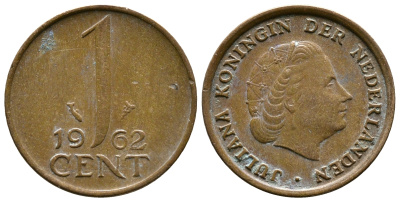 Нидерланды 1 цент 1962 Юлиана (1949-1980) KM 180 бронза 179-651