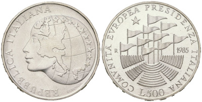 Италия 500 лир 1985 R, Итальянское президентство в Европейском экономическом сообществе KM 115 серебро BU 34-357