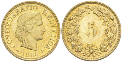 ШВЕЙЦАРИЯ 5 РАППЕНОВ 1984 KM 26с алюминий латунь 105-924