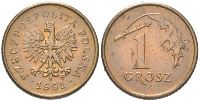 Польша 1 грош 1991 Y 276 марганец латунь UNC 4614-561