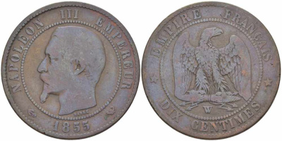 Франция 10 сантимов 1855 W, Наполеон III (1852-1870) KM 771.7, Le Franc 133.30 бронза 38-1046