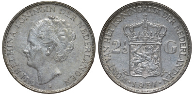 Нидерланды 2 1/2 гульдена 1937 Вильгельмина I (1890-1948) KM 165 серебро    1530-1044