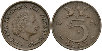 НИДЕРЛАНДЫ 5 ЦЕНТОВ 1950 ЮЛИАНА KM 181 бронза 95-241