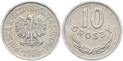 Польша 10 грошей 1966 MW KM AA47, Parchimowicz 206e алюминий 4608-926