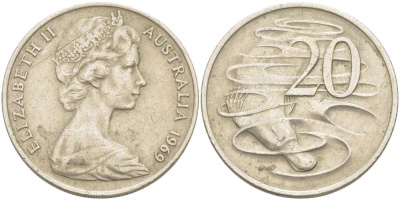Австралия 20 центов 1969 Елизавета II (1952-2022), утконос KM 66 медно-никель 4521-121