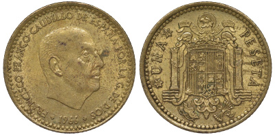 Испания 1 песета 1966 (70) Франсиско Франко (1939-1975) KM 796 алюминиевая бронза 4128-1047