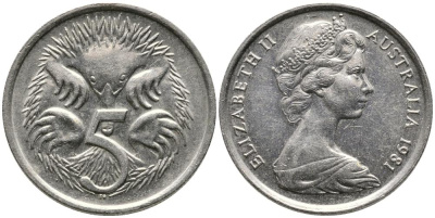Австралия 5 центов 1981 Елизавета II (1952-2022), ехидна KM 64 медно-никель 4549-713