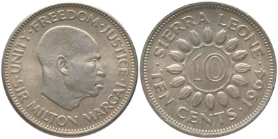 Сьерра-Леоне 10 центов 1964 Милтон Маргаи KM 19 медно-никель UNC 73-312