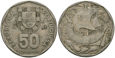 Португалия 50 эскудо 1989 KM 636 медно-никель 4120-1023
