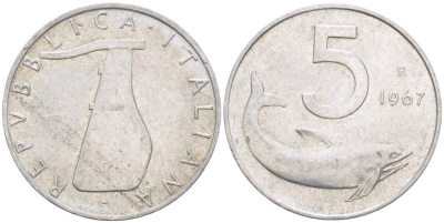 ИТАЛИЯ 5 ЛИР 1967 R, ДЕЛЬФИН, РУЛЬ KM 92 алюминий 4514-1027