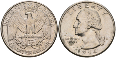 США 25 центов (квотер) 1994 D, Вашингтон KM А164а медь плакированная медно-никелем    4603-1011
