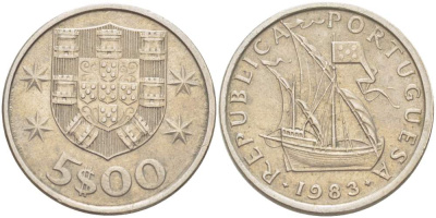 ПОРТУГАЛИЯ 5 ЭСКУДО 1983 ПАРУСНИК KM 591 медно-никель 4523-555