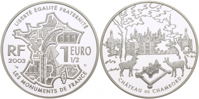 Франция 1 1/2 евро 2003 серия архитектура Франции, замок Шамбор KM 1355 серебро PROOF 02-224-14