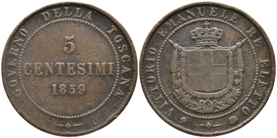 ИТАЛИЯ, ТОСКАНА 5 ЧЕНТЕЗИМО 1859 ВИКТОР ИМАНУИЛ, ВТОРОЙ ПРЕДВАРИТЕЛЬНЫЙ ВЫПУСК KM 83 медь 28-834