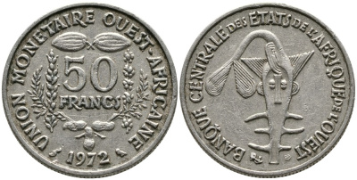 ВАЛЮТНЫЙ СОЮЗ СТРАН ЗАПАДНОЙ АФРИКИ 50 ФРАНКОВ 1972 FAO, ФЕДЕРАЦИЯ KM 6 медно-никель 4538-256