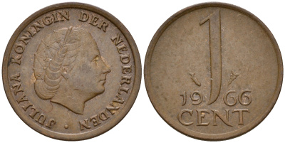Нидерланды 1 цент 1966 Юлиана (1949-1980) large data KM 180 бронза    4598-244