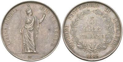 Ломбардия-Венеция 5 лир 1848  KM 22 серебро    00-902-19