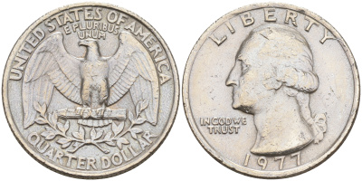 США 25 центов (квотер) 1977 Вашингтон KM A164a медь плакированная медно-никелем 190-324