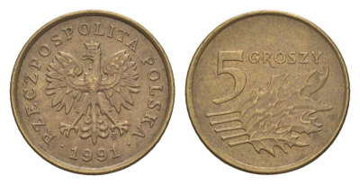 Польша 5 грошей 1991 Y 278 марганец латунь 4625-267