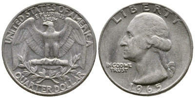 США 25 центов (квотер) 1965 Вашингтон KM 164а медь плакированная медно-никелем 4382-1242