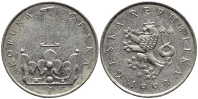 ЧЕХИЯ 1 КРОНА 1993 KM 7 сталь плакированная никелем 4396-611