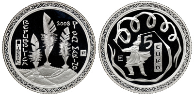 Сан-Марино 5 евро 2008 Олимпиада в Пекине, танец с лентами KM 513 серебро PROOF 4-3-2-05