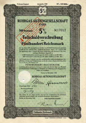 Германия 500 рейхсмарок 1939 Акционерное общество Рургас Эссен, 5% -ное частичное долговое обязательство с маркой конвертации под 4% -ную процентную ставку, облигация   бумага   8801-58-1