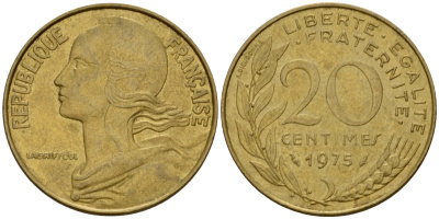 Франция 20 сантимов 1975 тип Marianne KM 930 алюминиевая бронза 4390-1253